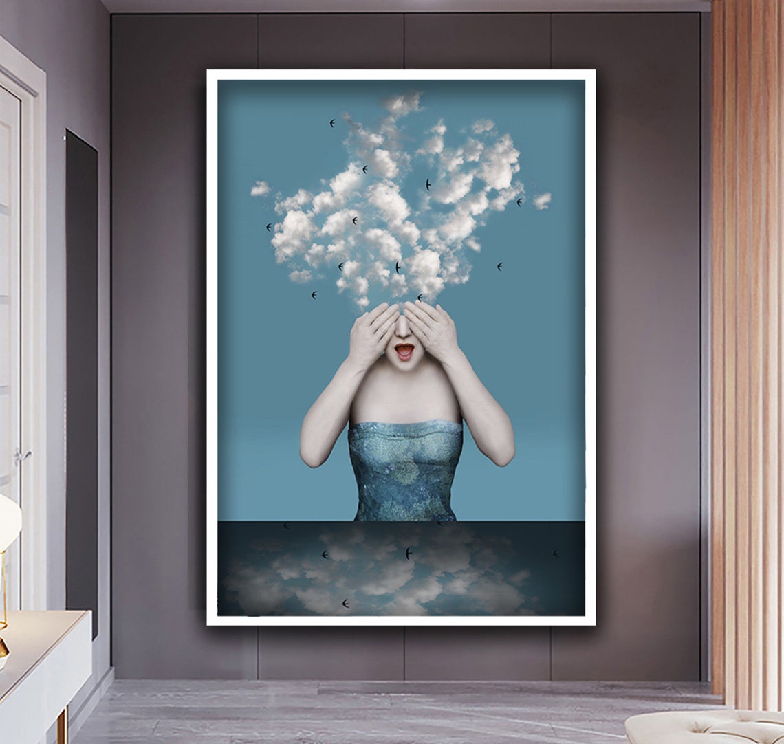 Surreal Woman Cloud Head Birds Dreamy Fantasy Portrait Wall Art - Image 2