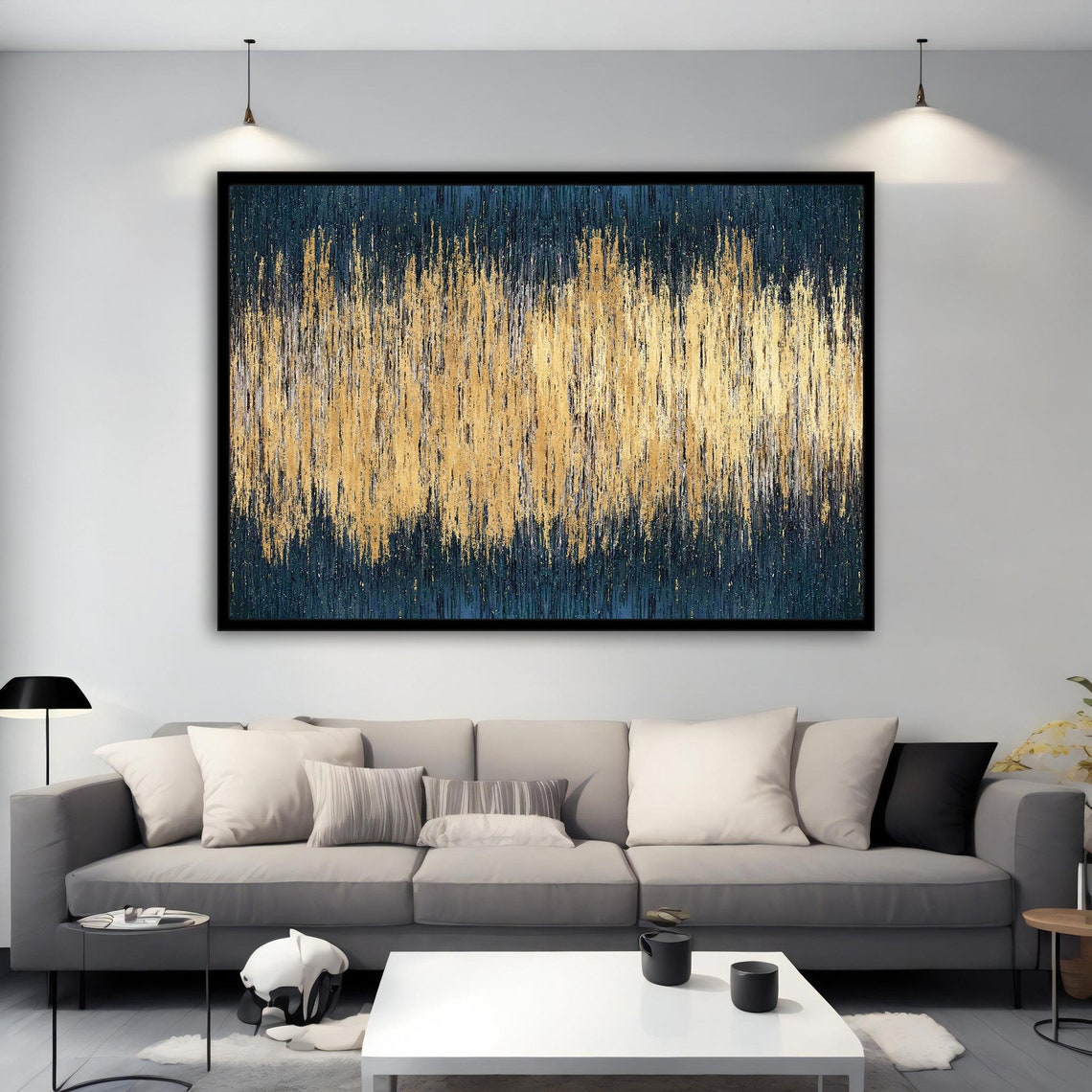 Gold Streak Abstract on Deep Navy Blue Shimmer Wall Art Poster - Image 3