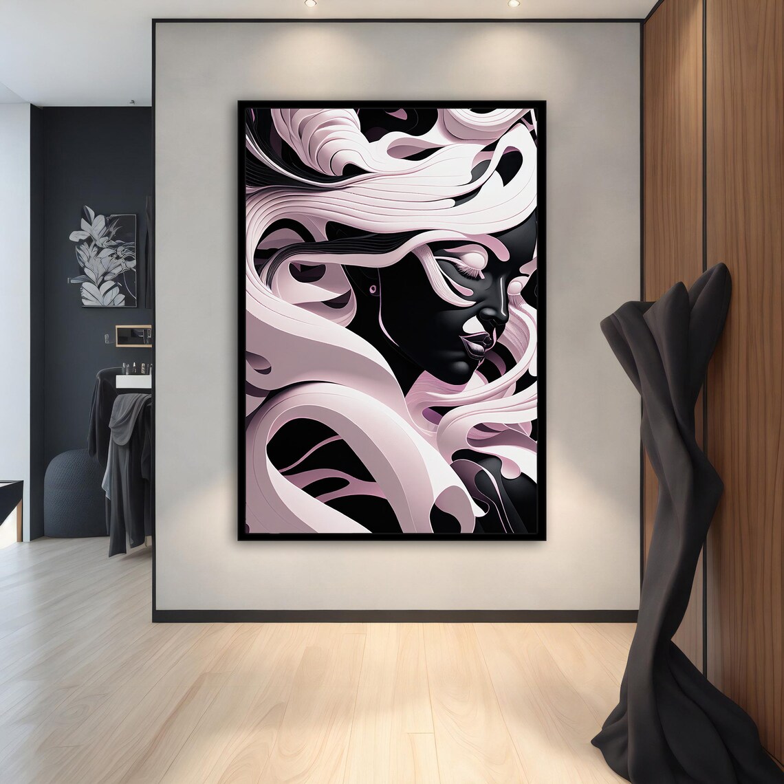 Surreal White Ribbon Woman Portrait Elegant Black Background Art Poster - Image 5