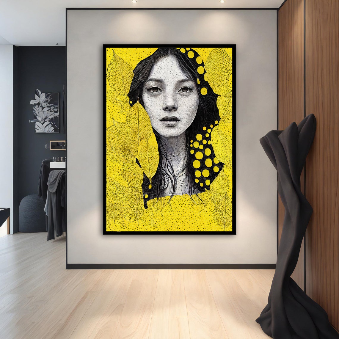 Black White Woman Yellow Leaves Polka Dot Modern Portrait Wall Art - Image 2