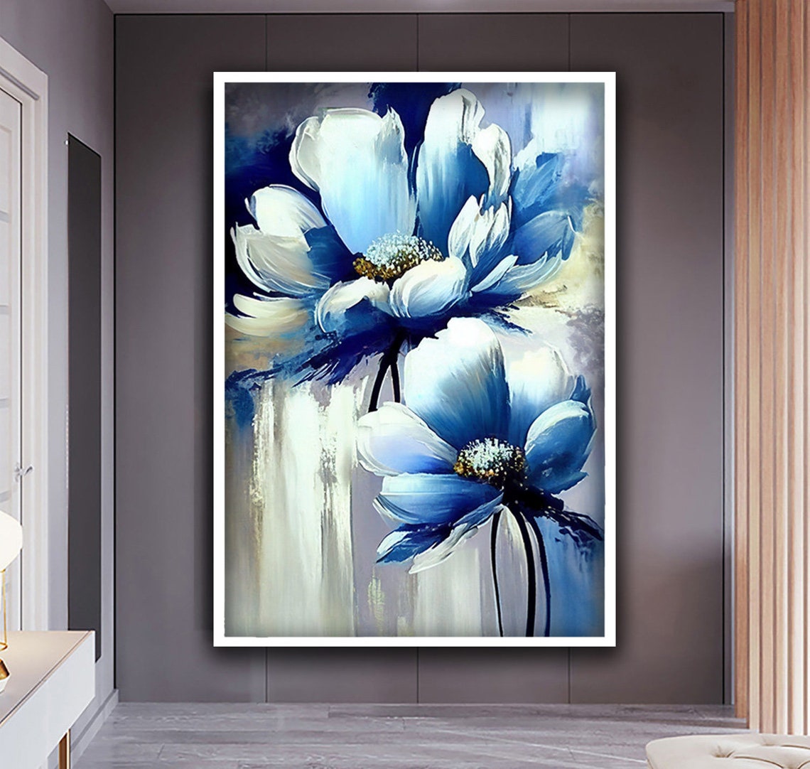 Blue White Anemone Flowers Impasto Bold Botanical Floral Poster - Image 3