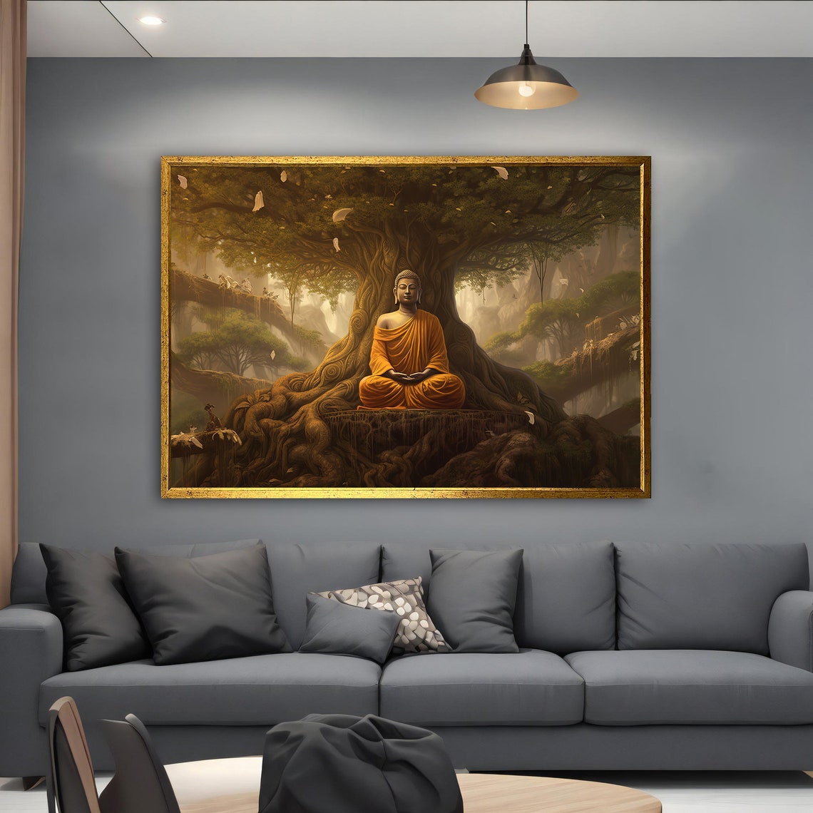 Serene Meditating Buddha Under Bodhi Tree Golden Forest Wall Art - Image 5