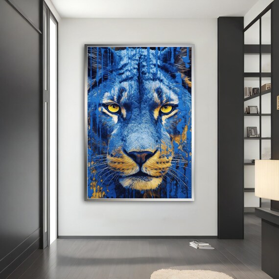 Blue Tiger Face Gold Eyes Dripping Paint Bold Pop Art Wildlife Wall Poster