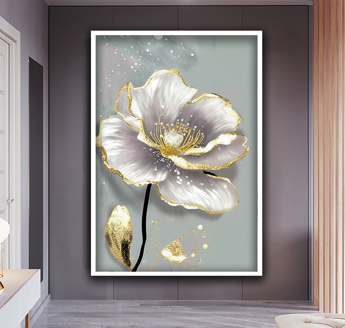 White Flower Gold Edge Blooming Floral Elegant Wall Art Poster - Image 2
