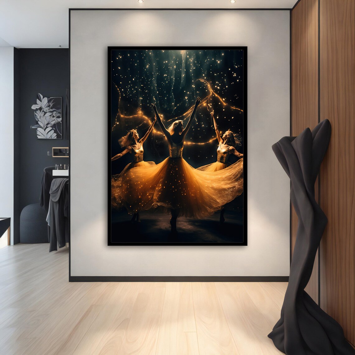 Golden Ballerinas Dancing Under Starry Night Sparkling Gowns Art Poster - Image 2