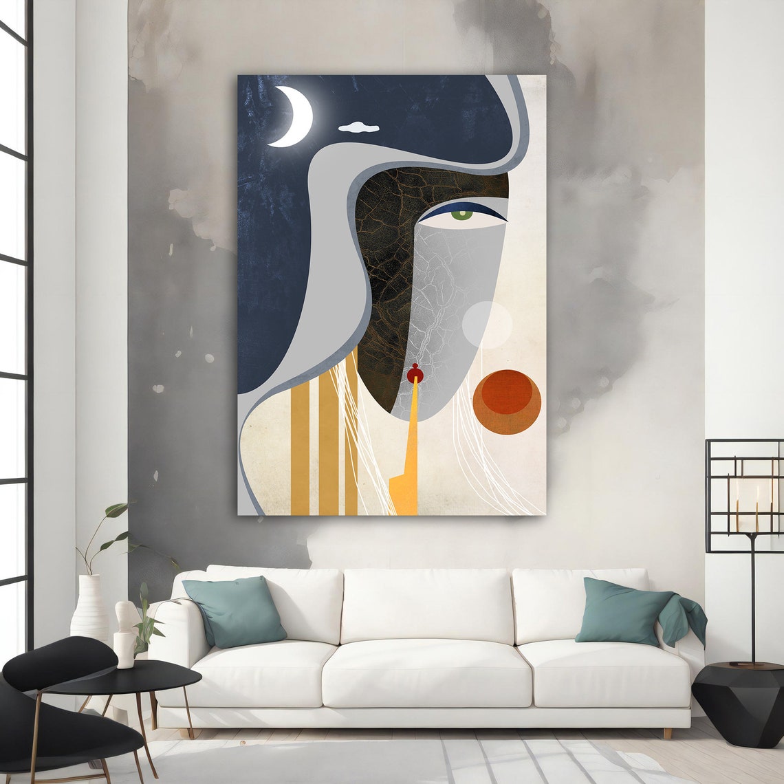 Surreal Moon Face Green Eye Abstract Navy Cream Wall Art Print - Image 3