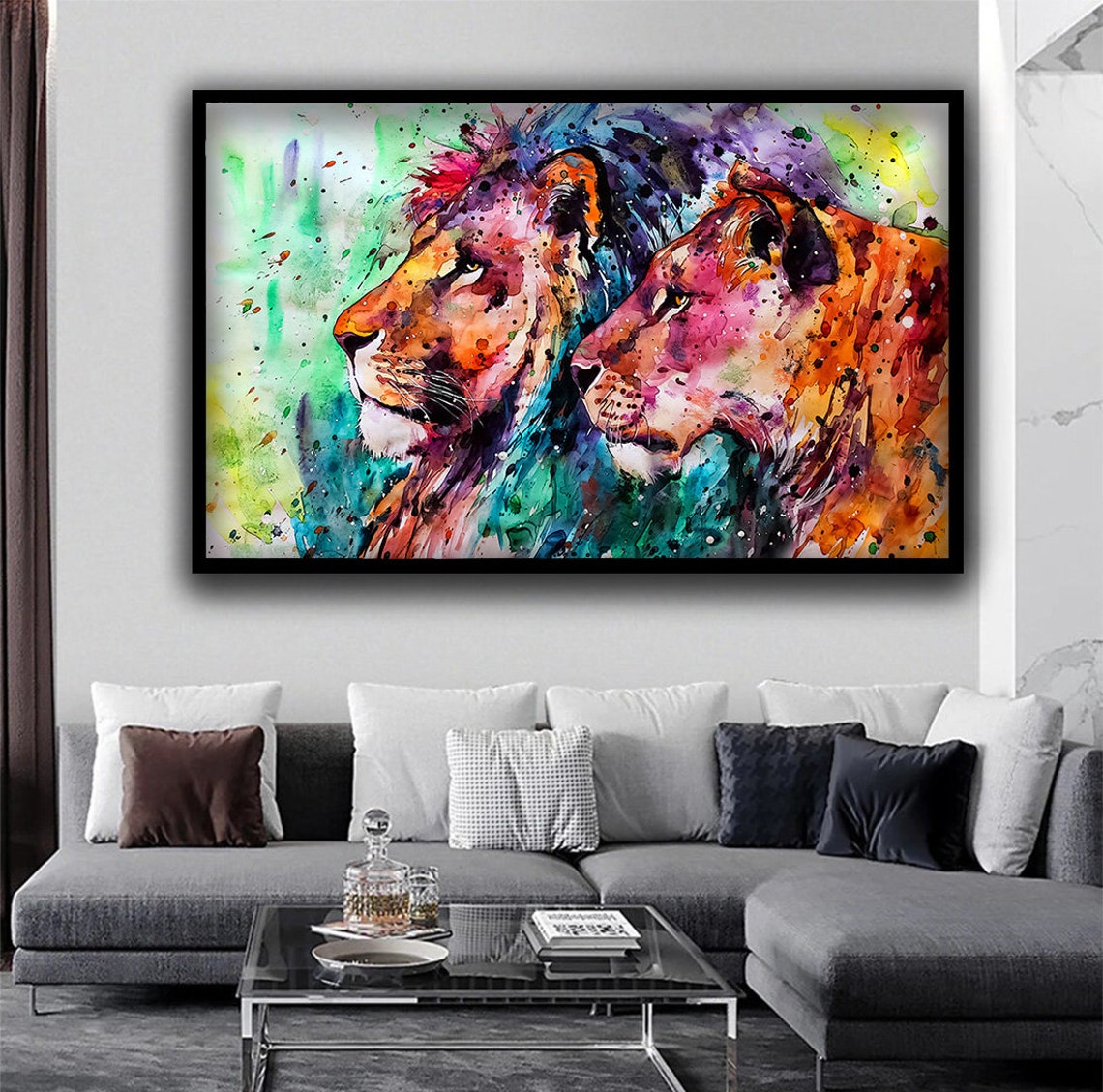 Colorful Watercolor Lion And Lioness Pair Vibrant Wildlife Art Poster - Image 2