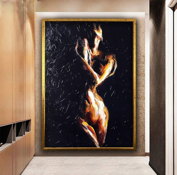 Fiery Abstract Embrace Couple Black Background Sensual Modern Art Poster