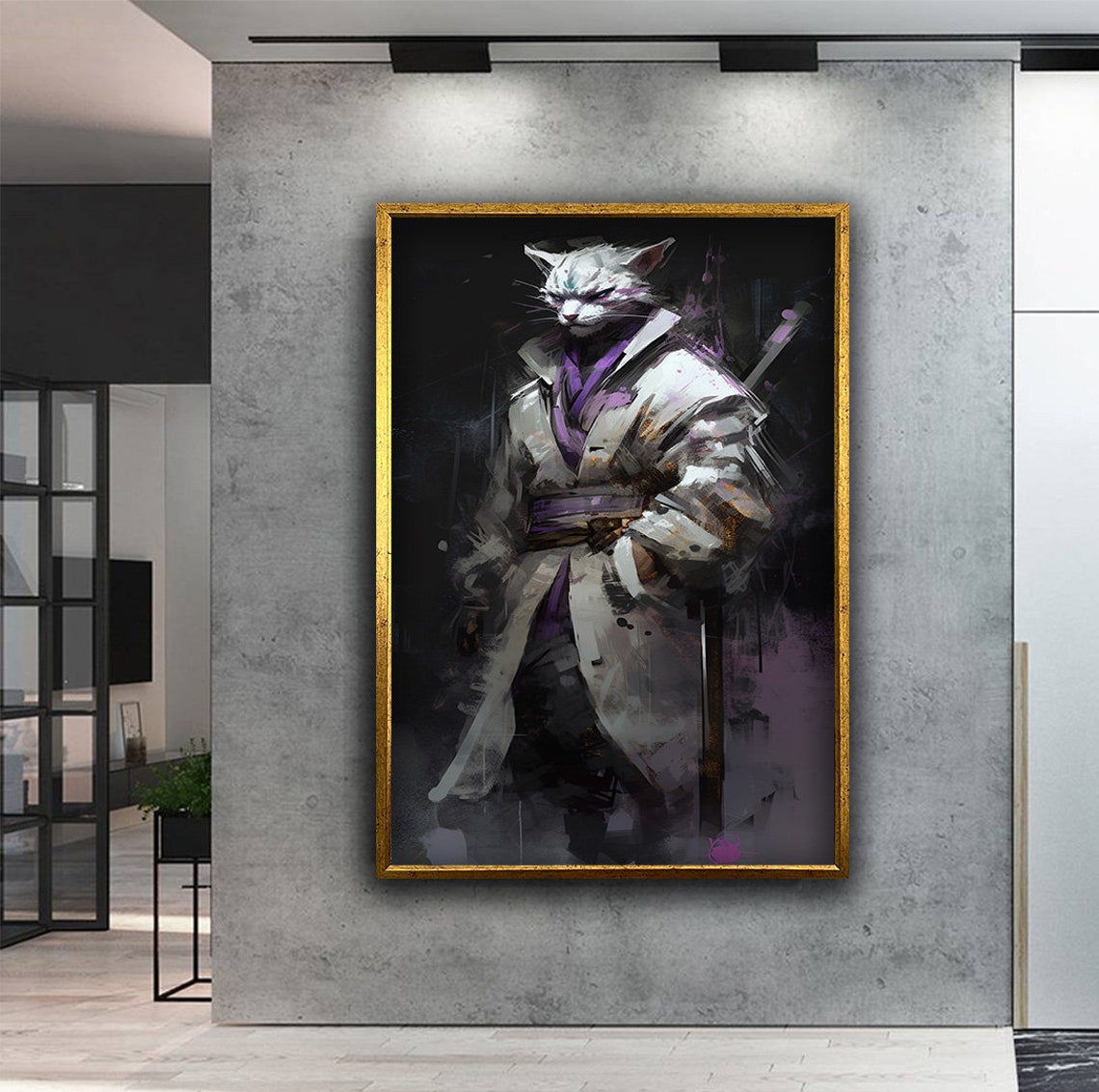 Samurai Cat Warrior Portrait White Kimono Sword Feline Wall Poster - Image 2