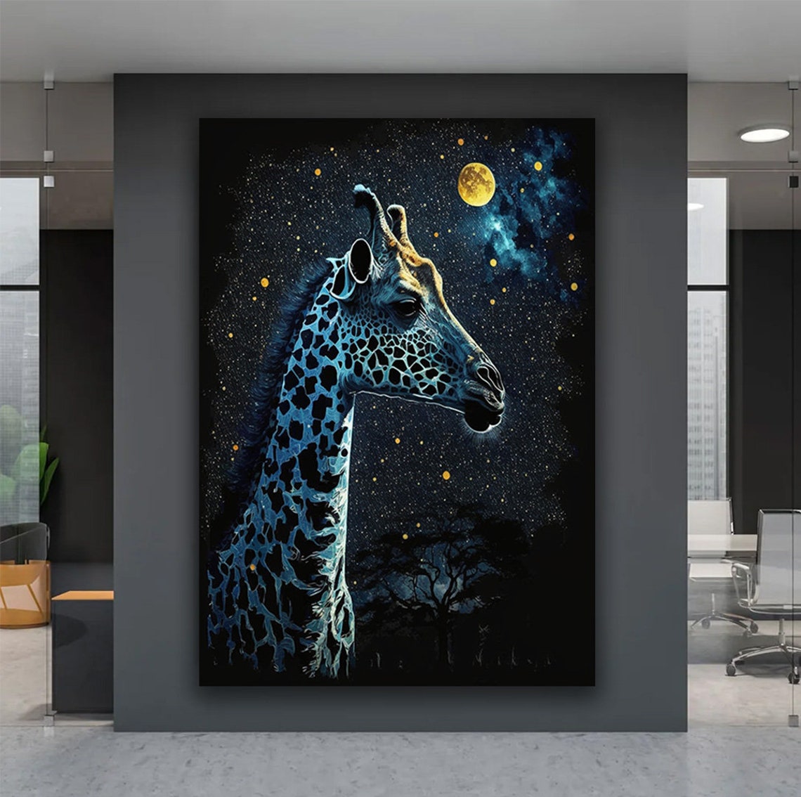 Glowing Giraffe Under Starry Night Sky Full Moon Dreamy Wall Poster - Image 5