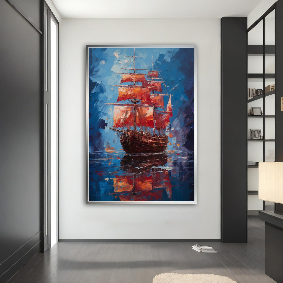 Tall Ship Red Sails Oil Painting Dramatic Deep Blue Sea Art Poster - Image 5