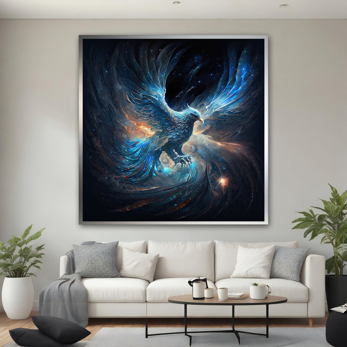 Mystical Blue Phoenix Rising Through Cosmic Starry Night Sky Poster - Image 3