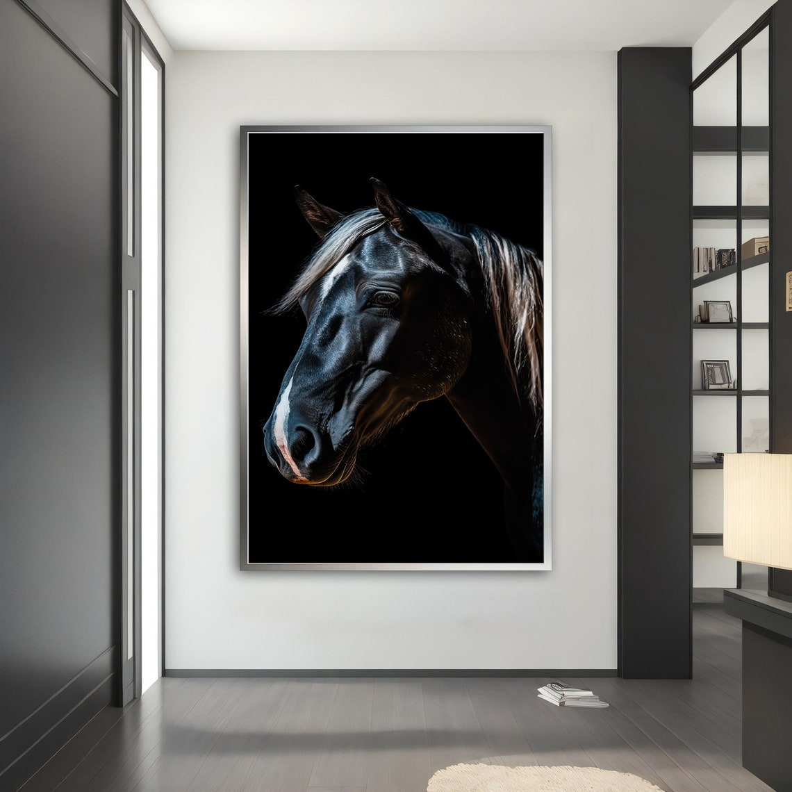 Black Horse Head White Blaze Dramatic Light Dark Animal Poster - Image 5