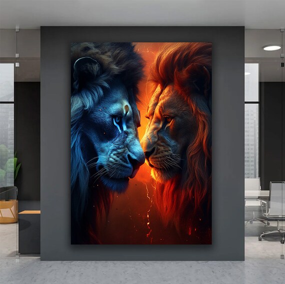 Fire And Water Lions Duel Dramatic Wildlife Animal Art Poster