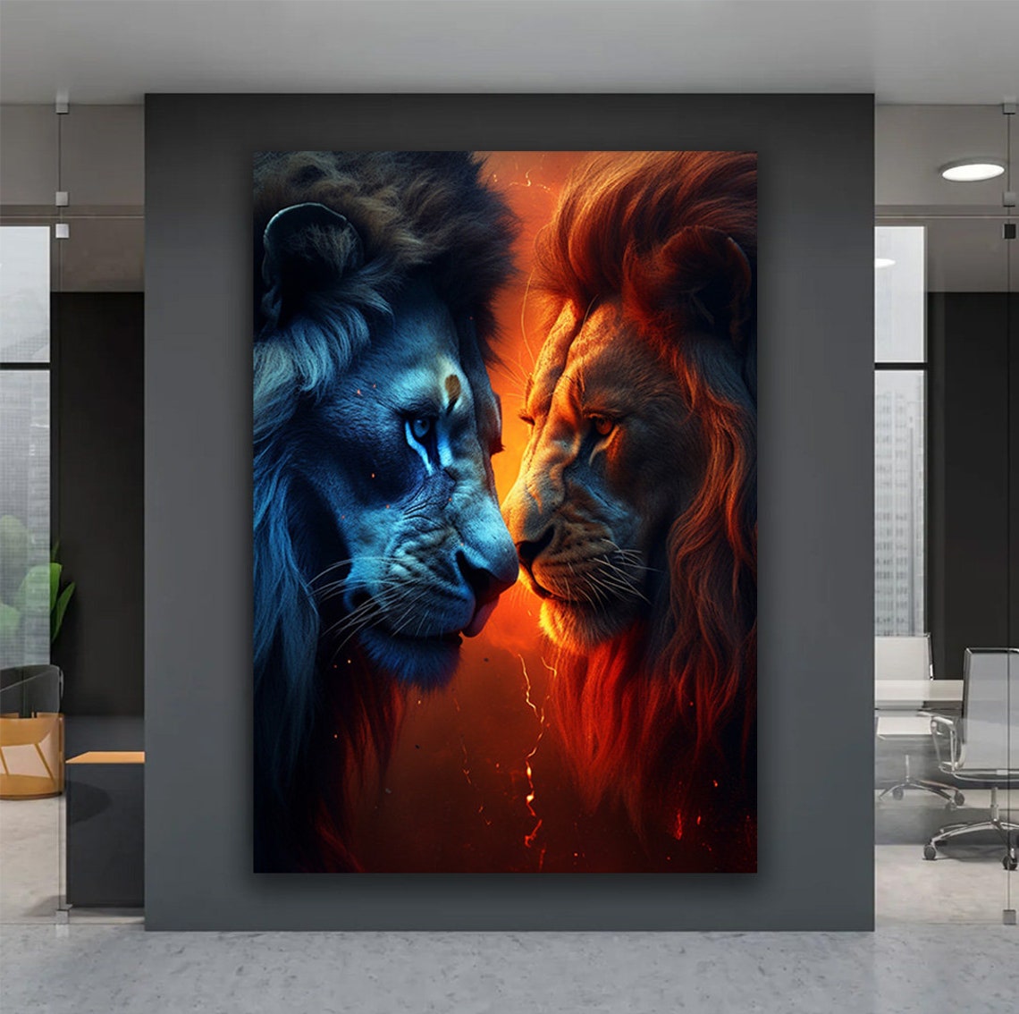 Fire And Water Lions Duel Dramatic Wildlife Animal Art Poster