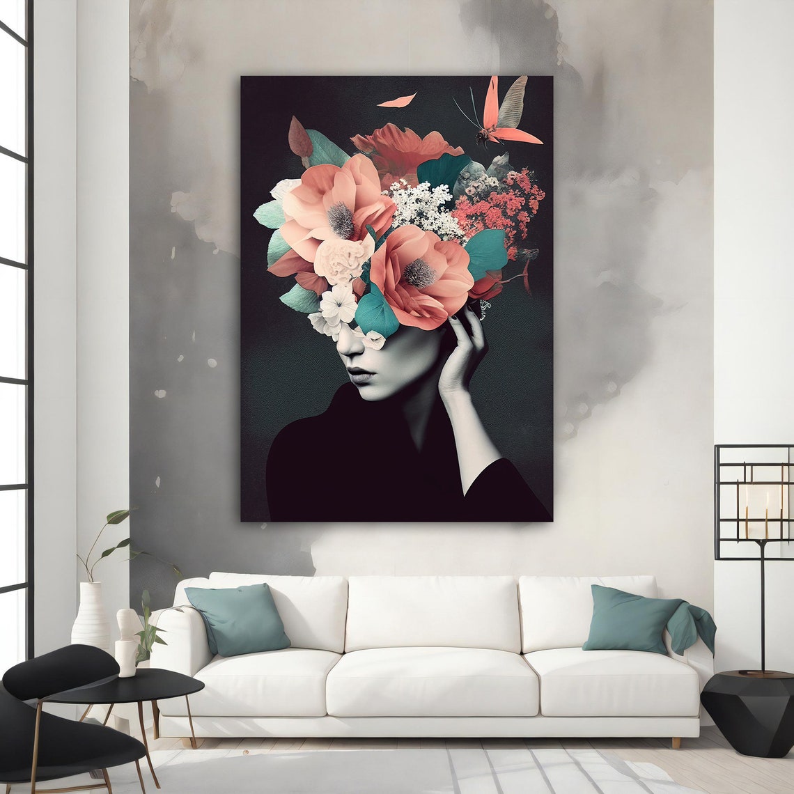 Woman Coral Flower Bouquet Face Black Background Floral Wall Art - Image 2