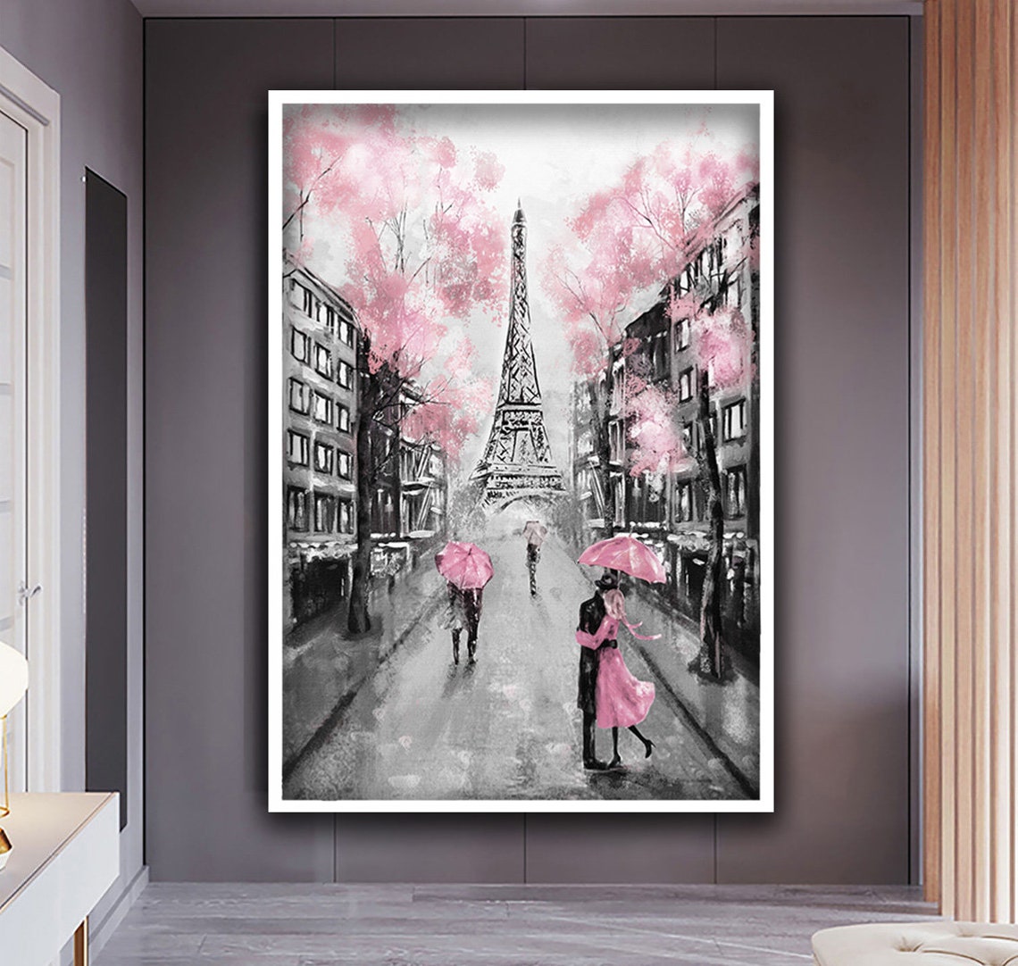 Paris Eiffel Tower Rainy Street Pink Umbrellas Romantic Poster - Image 2