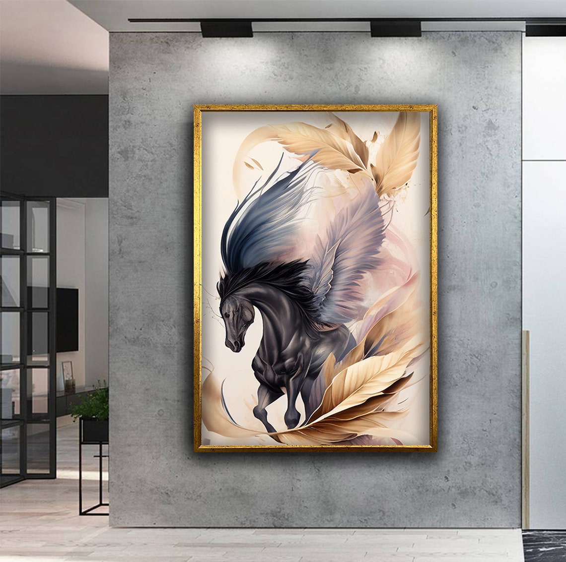 Black Winged Pegasus Horse with Flowing Feathers Cream Dream Poster - Image 2