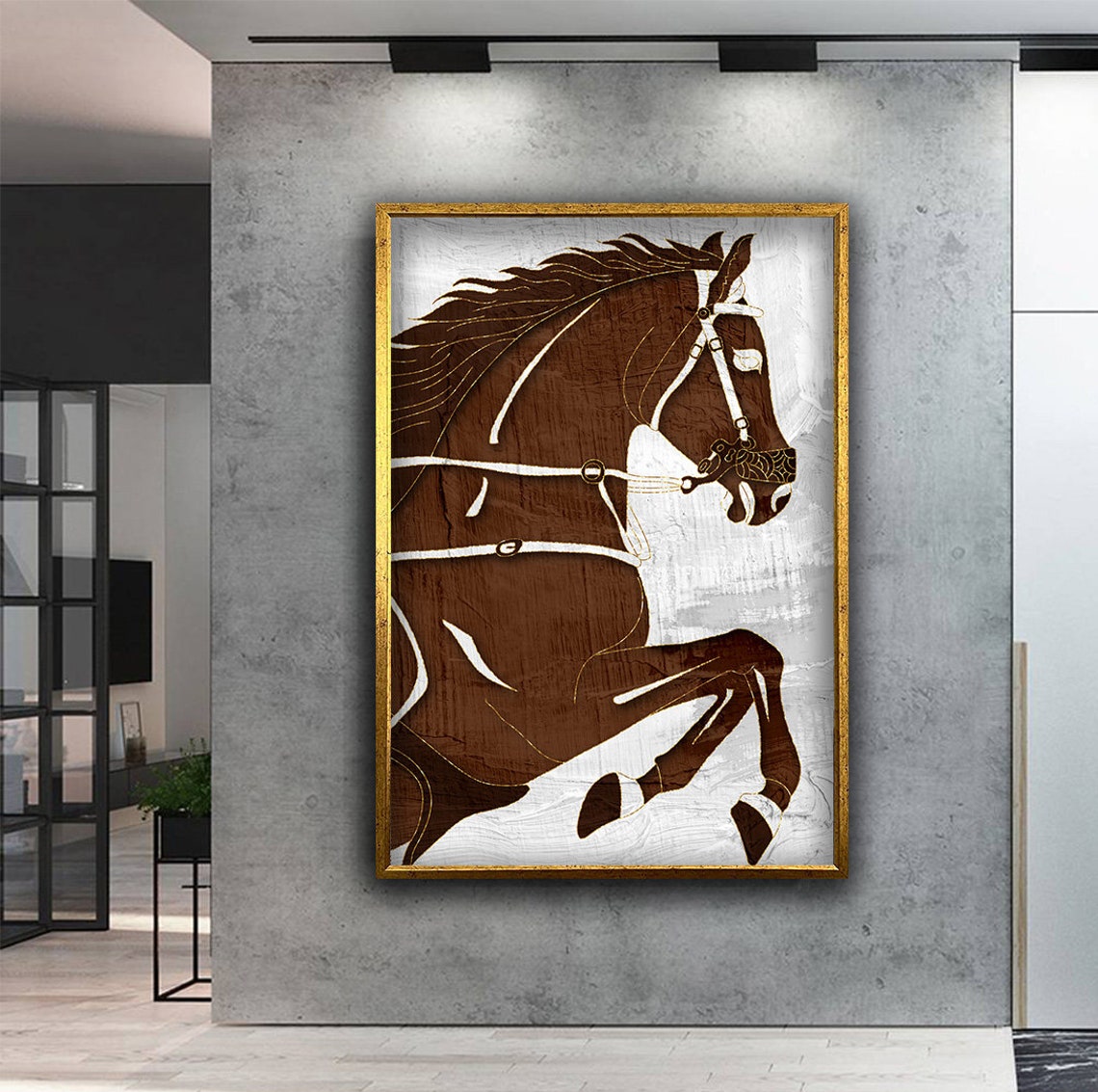 Rearing Brown Horse Bold Line Art White Bridle Equestrian Poster - Image 3