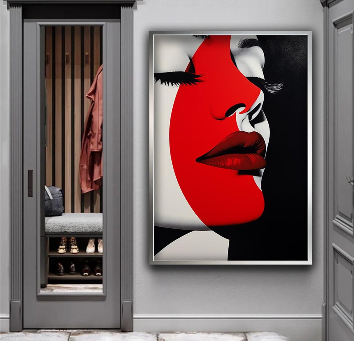 Red Black White Woman Face Pop Art Bold Graphic Portrait Wall Art Poster - Image 4