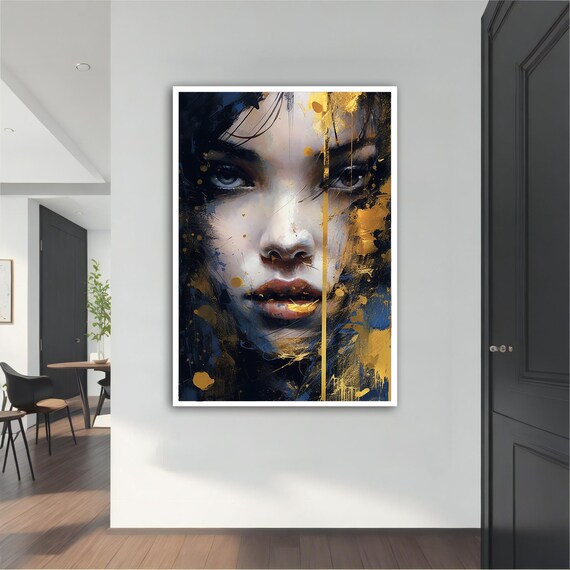 Golden and Navy Blue Woman Face Abstract Paint Splatter Poster