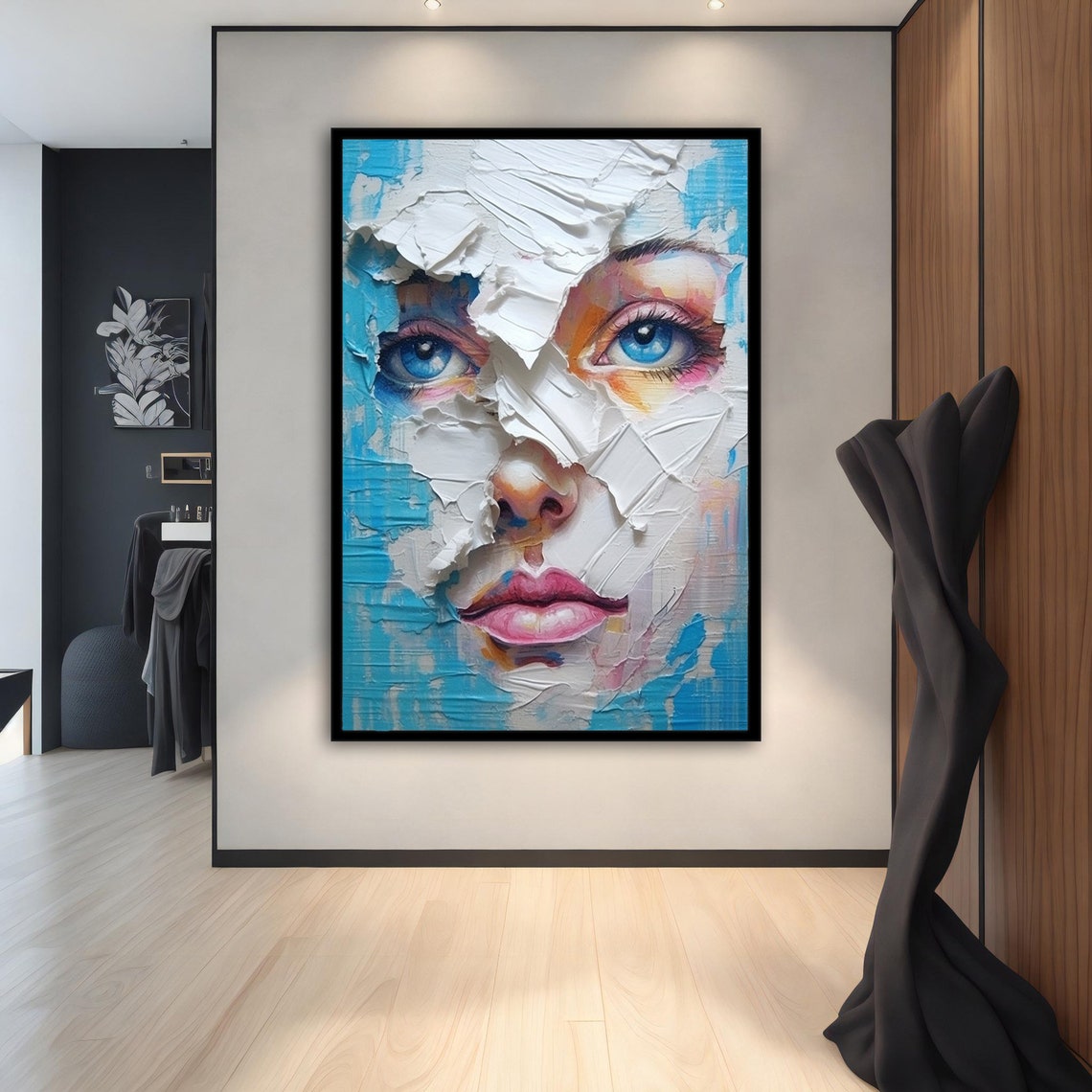 Blue and White Cracked Plaster Woman Face Modern Abstract Art Poster - Image 2