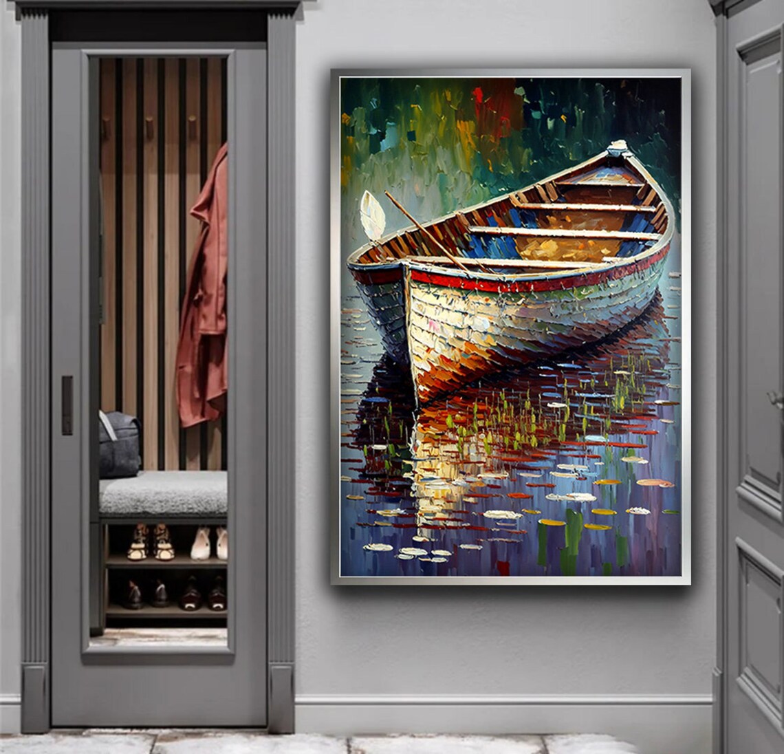 Wooden Rowboat On Calm Lake Impasto Oil Painting Reflection Poster - Image 4
