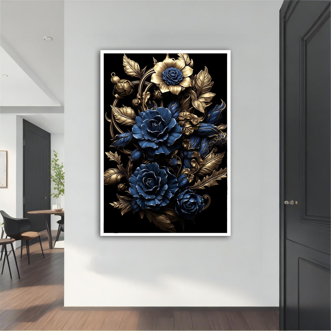 Luxury Blue Roses Gold Baroque Leaves Black Floral Elegant Wall Art