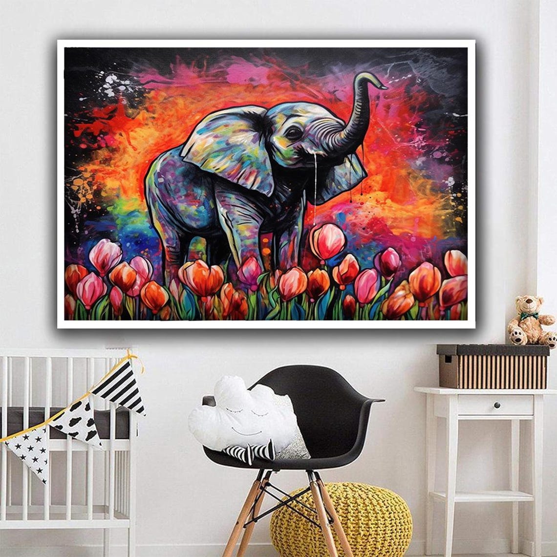 Baby Elephant Among Pink Tulips with Colorful Paint Splashes Poster - Image 4