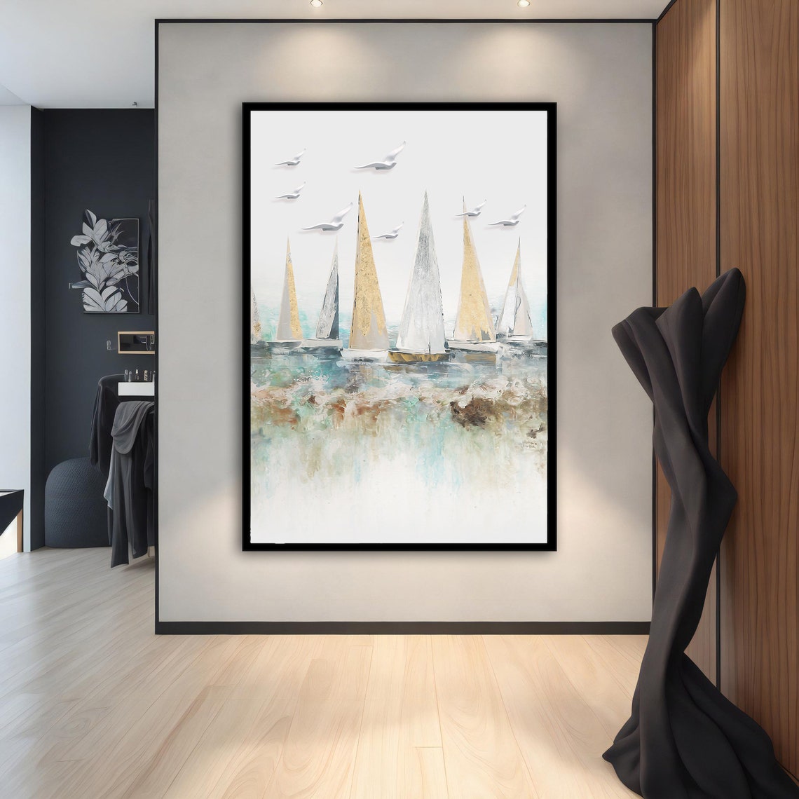Minimalist Sailboats Gold Leaf Sails Seagulls Coastal Wall Art Print - Image 2