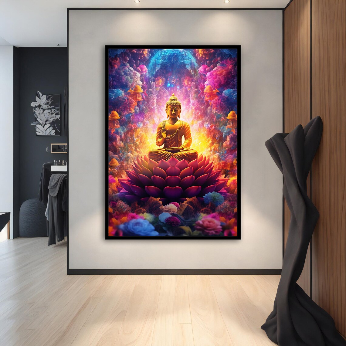 Golden Buddha Meditating on Lotus Cosmic Nebula Vibrant Zen Art Poster - Image 3