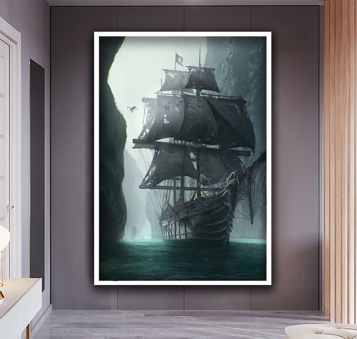 Misty Ghost Pirate Ship with Tattered Sails Dark Ocean Art Print - Image 2