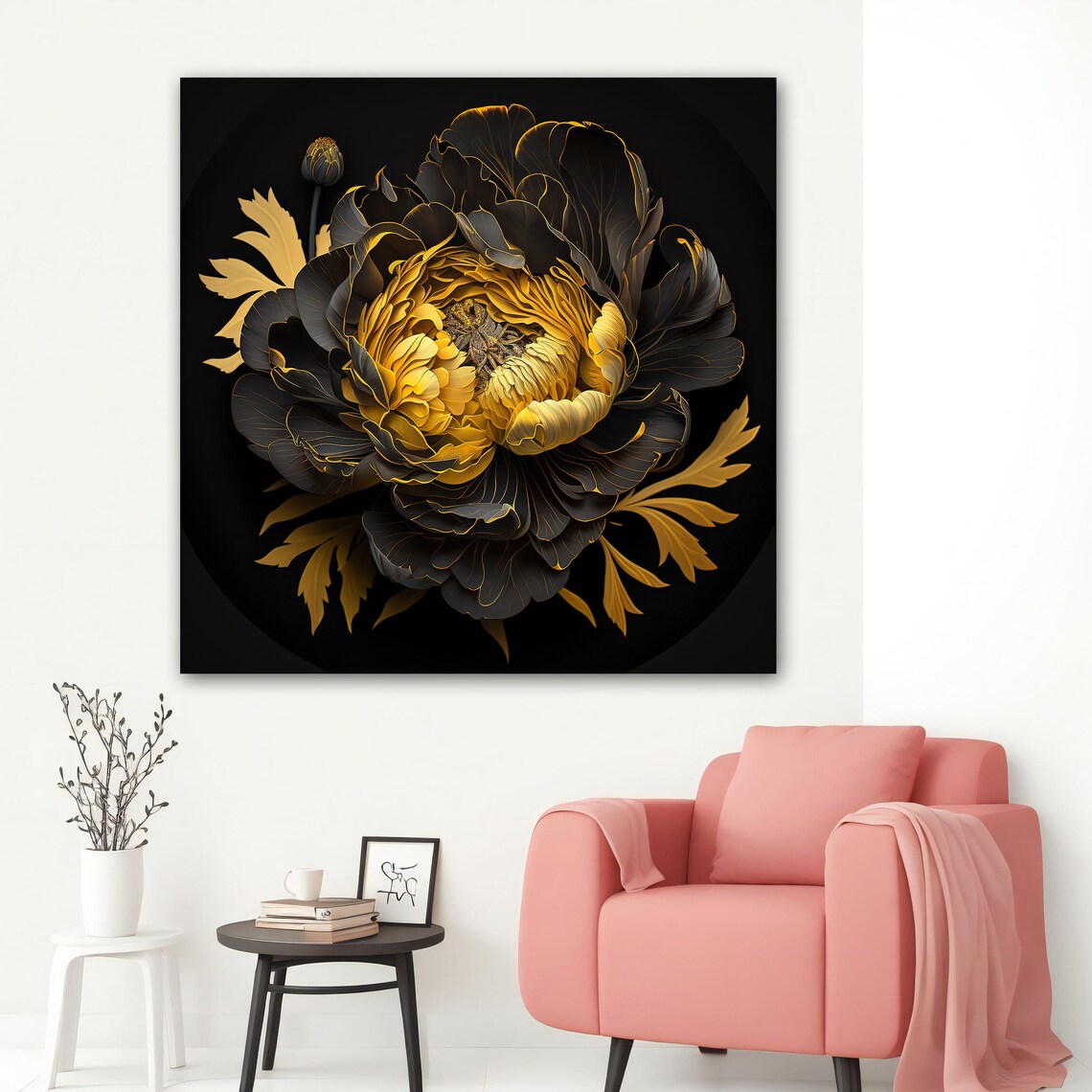 Golden Peony Black Petals Gold Edges Dark Floral Wall Art Poster - Image 5