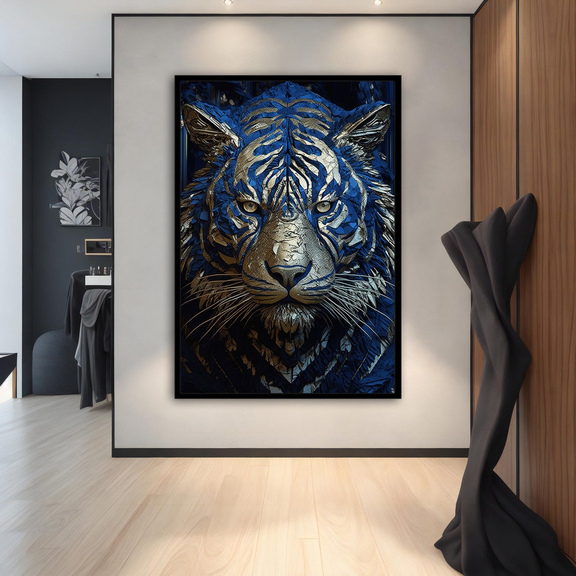 Blue Gold Tiger Face Geometric Crystal Mosaic Wall Art Poster - Image 3