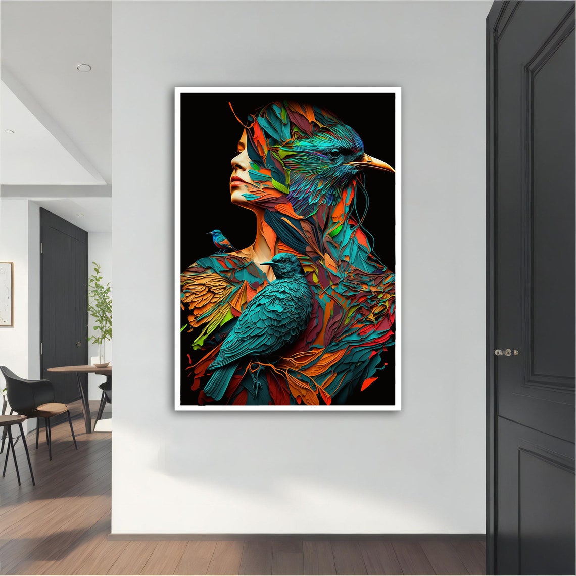Colorful Bird Woman Surreal Feathers Teal Orange Portrait Wall Art