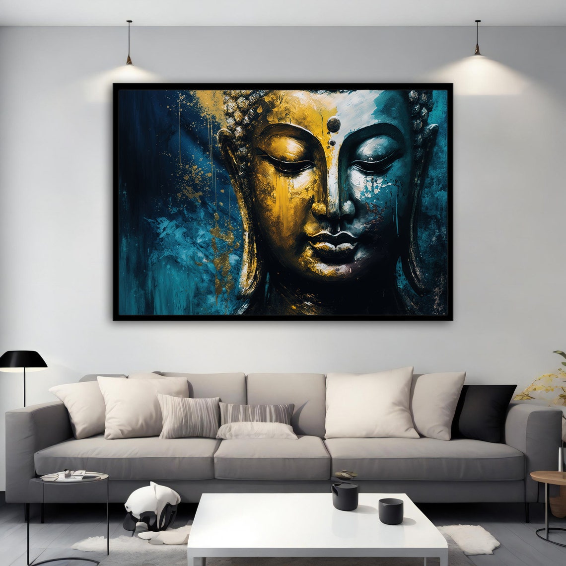 Serene Buddha Face Gold Blue Abstract Calm Meditation Poster - Image 2
