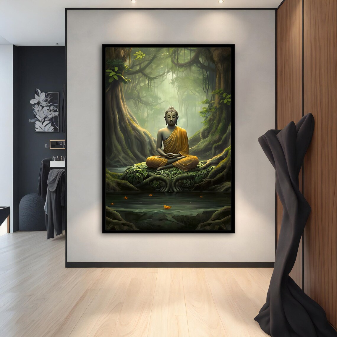 Golden Robe Buddha Meditating Jungle Temple Green Asian Art Poster - Image 5