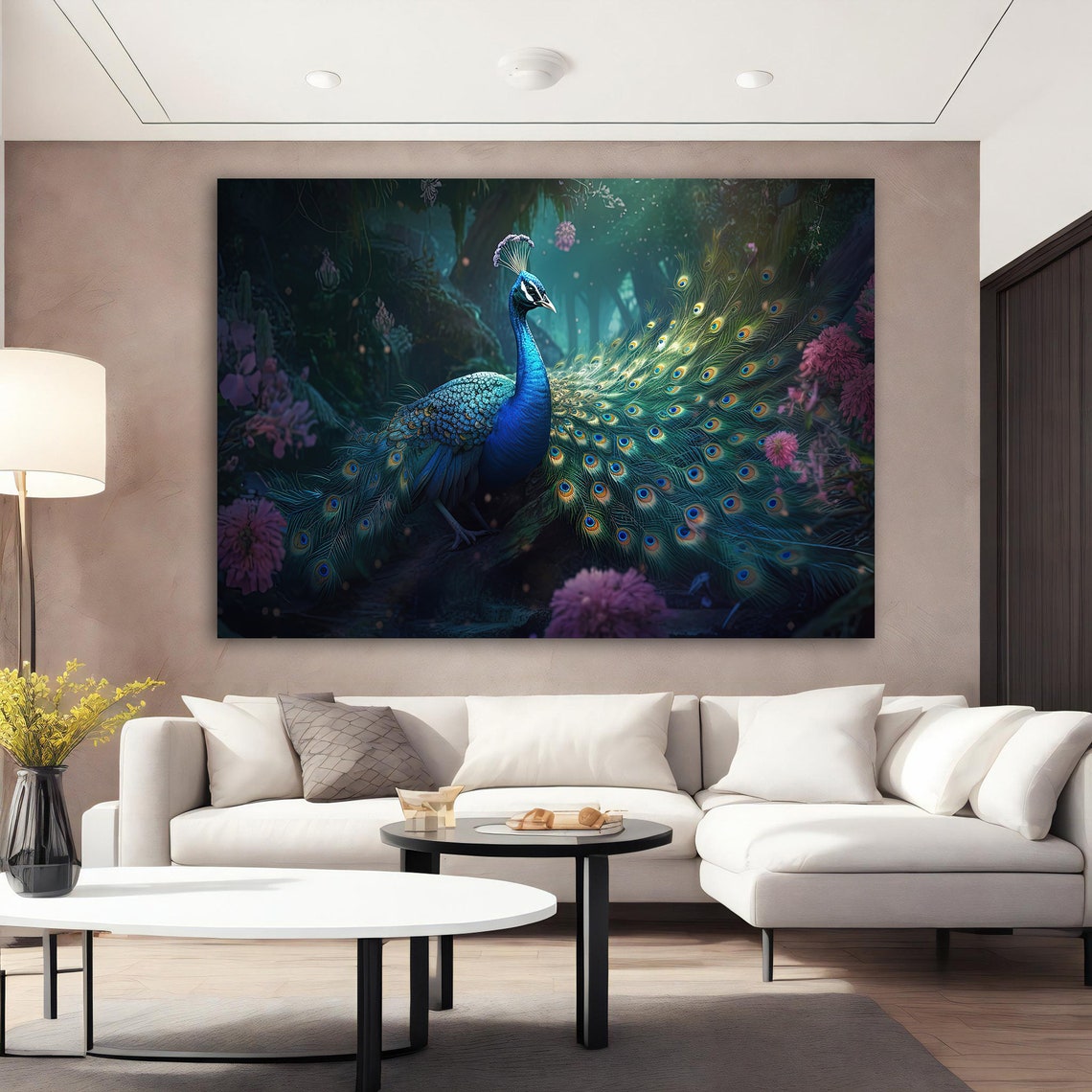 Blue Peacock Dark Forest Pink Flowers Elegant Wildlife Art Poster - Image 3