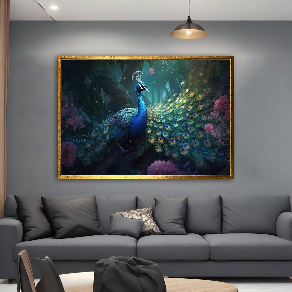 Blue Peacock Dark Forest Pink Flowers Elegant Wildlife Art Poster