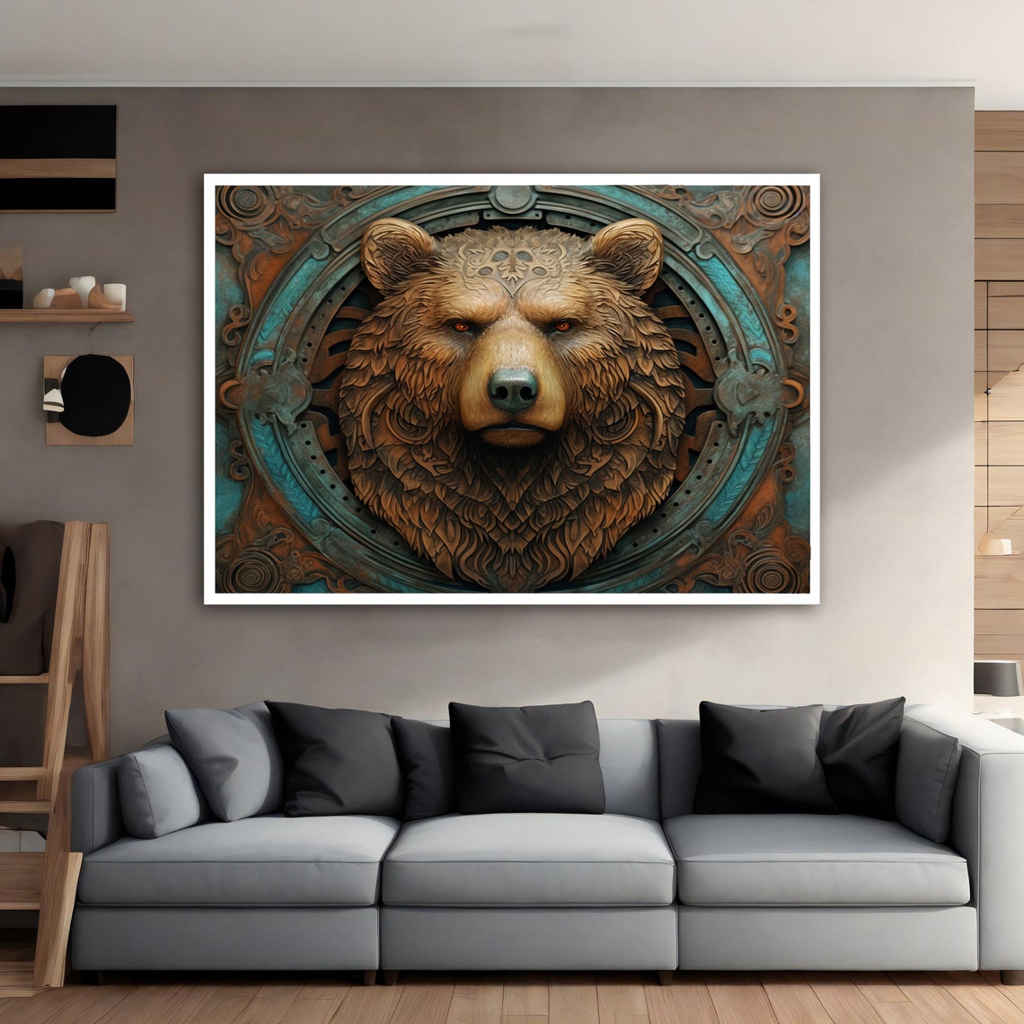 Steampunk Bear Head Medallion Copper Teal Ornate Wildlife Art Poster - Image 5