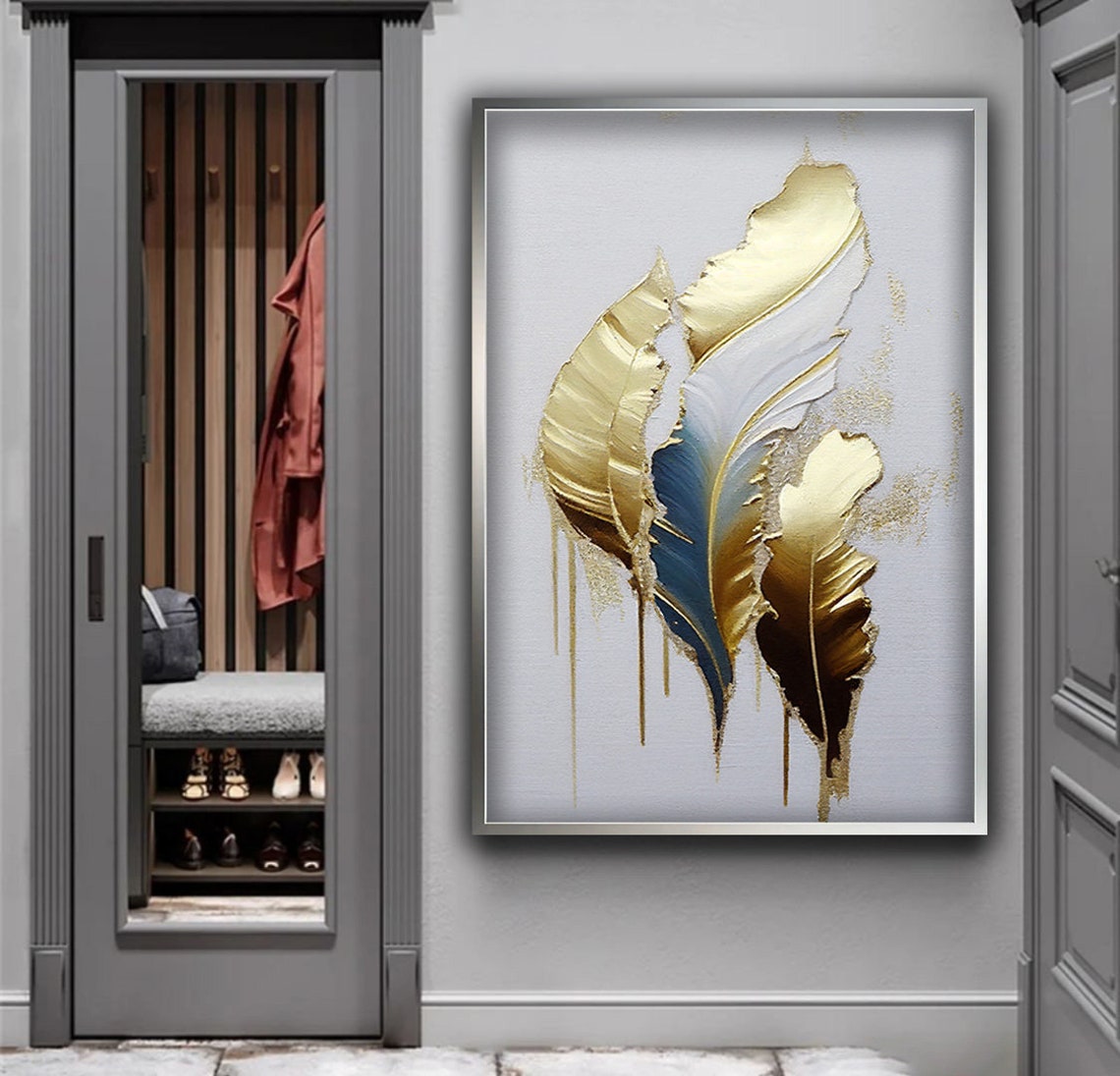 Gold White Blue Abstract Feather Painting Elegant Drip Wall Art - Image 4