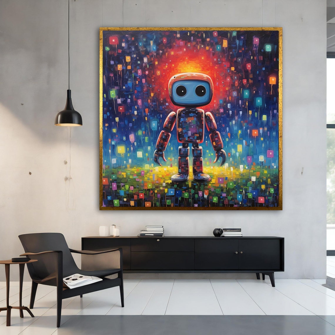 Cute Little Robot Colorful Rain Night Lights Whimsical Art Poster - Image 4