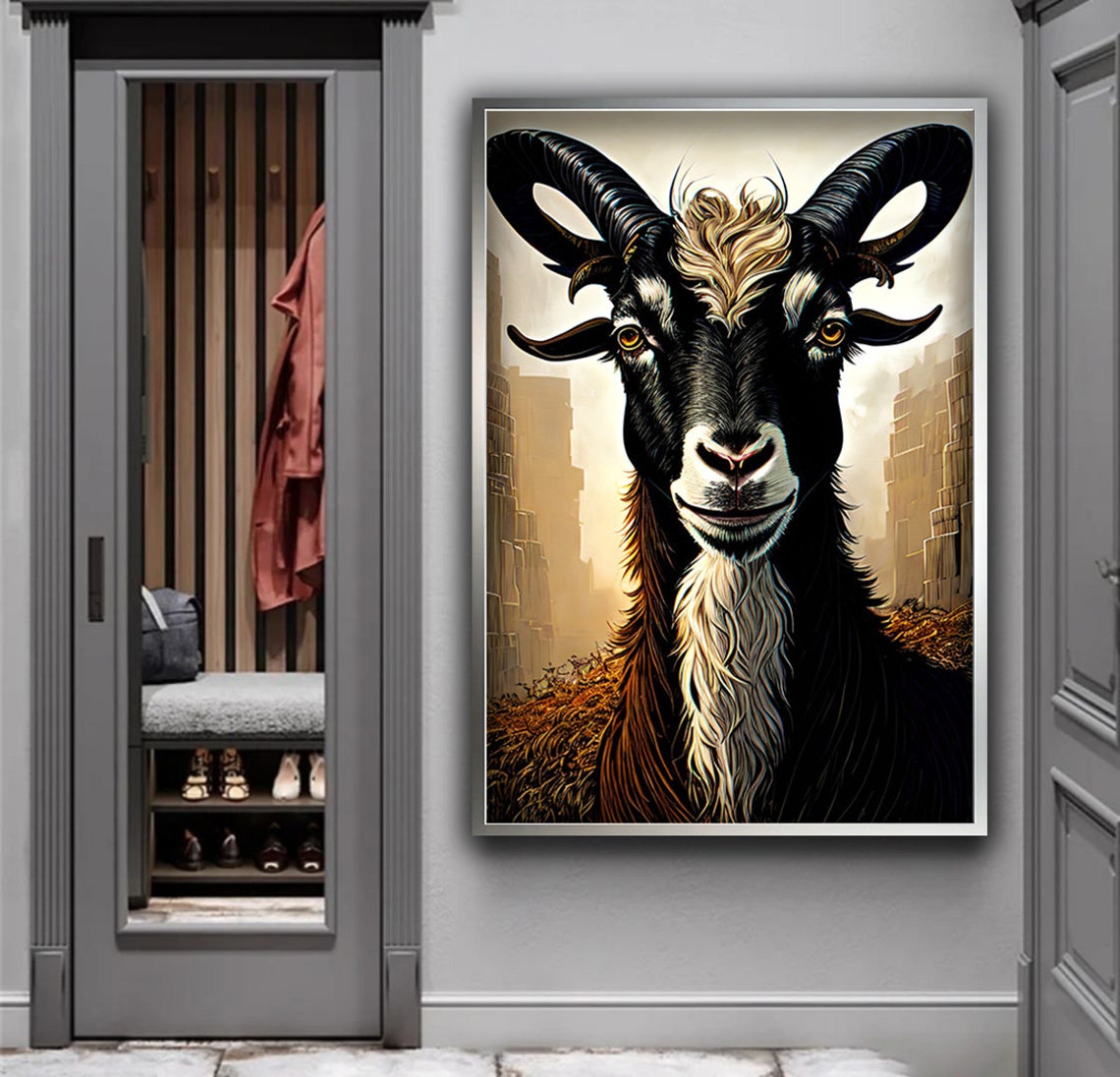 Black Goat Portrait with Curved Horns Golden Beard Farm Animal Poster - Image 2