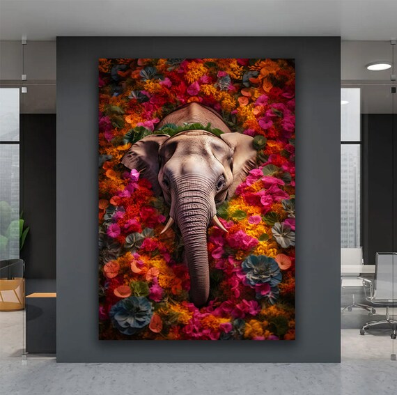 Elephant Among Colorful Flowers Head On Vibrant Floral Animal Art Poster