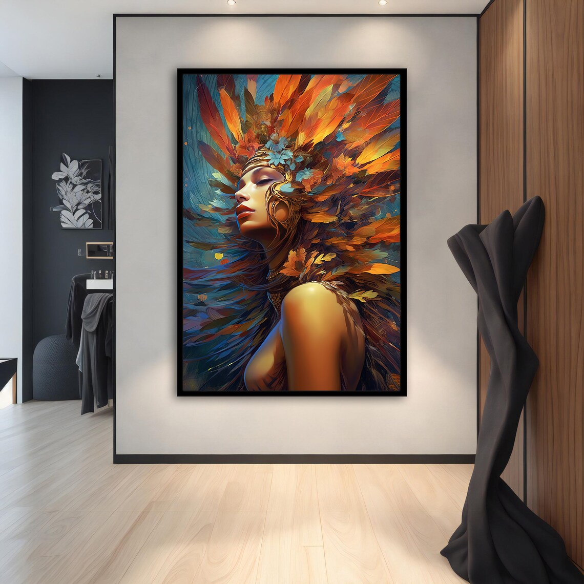 Colorful Woman with Fiery Feather Headdress Tribal Beauty Art Poster - Image 2