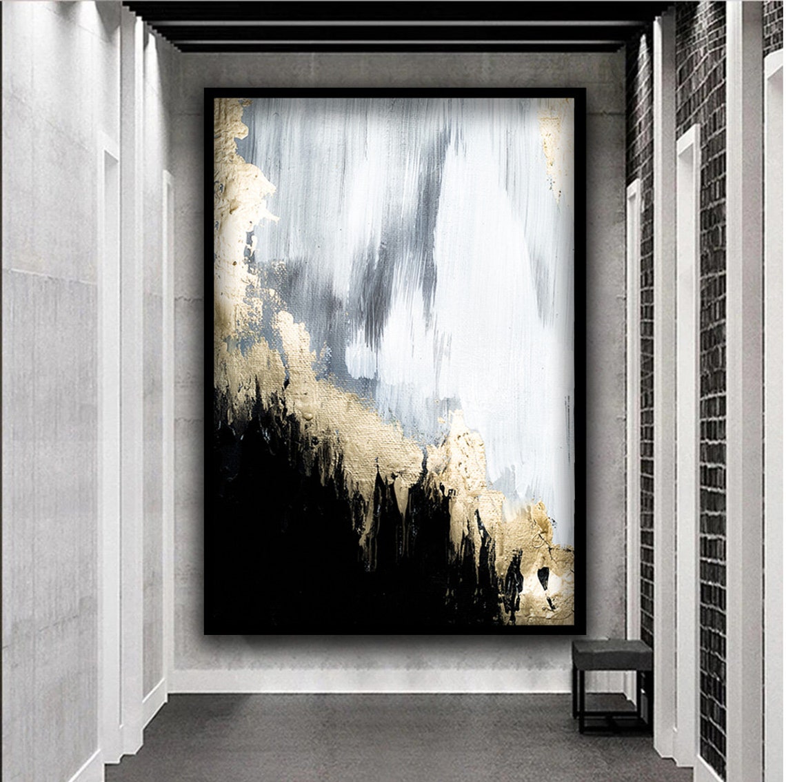 Black Gold and White Abstract Brushstroke Contemporary Art Print - Image 3