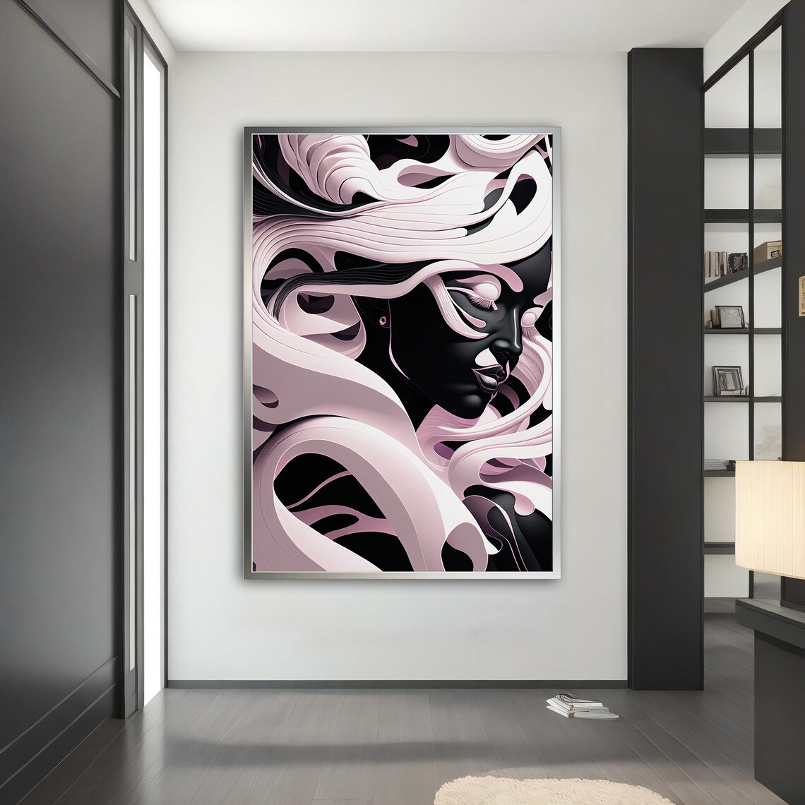 Surreal White Ribbon Woman Portrait Elegant Black Background Art Poster - Image 2