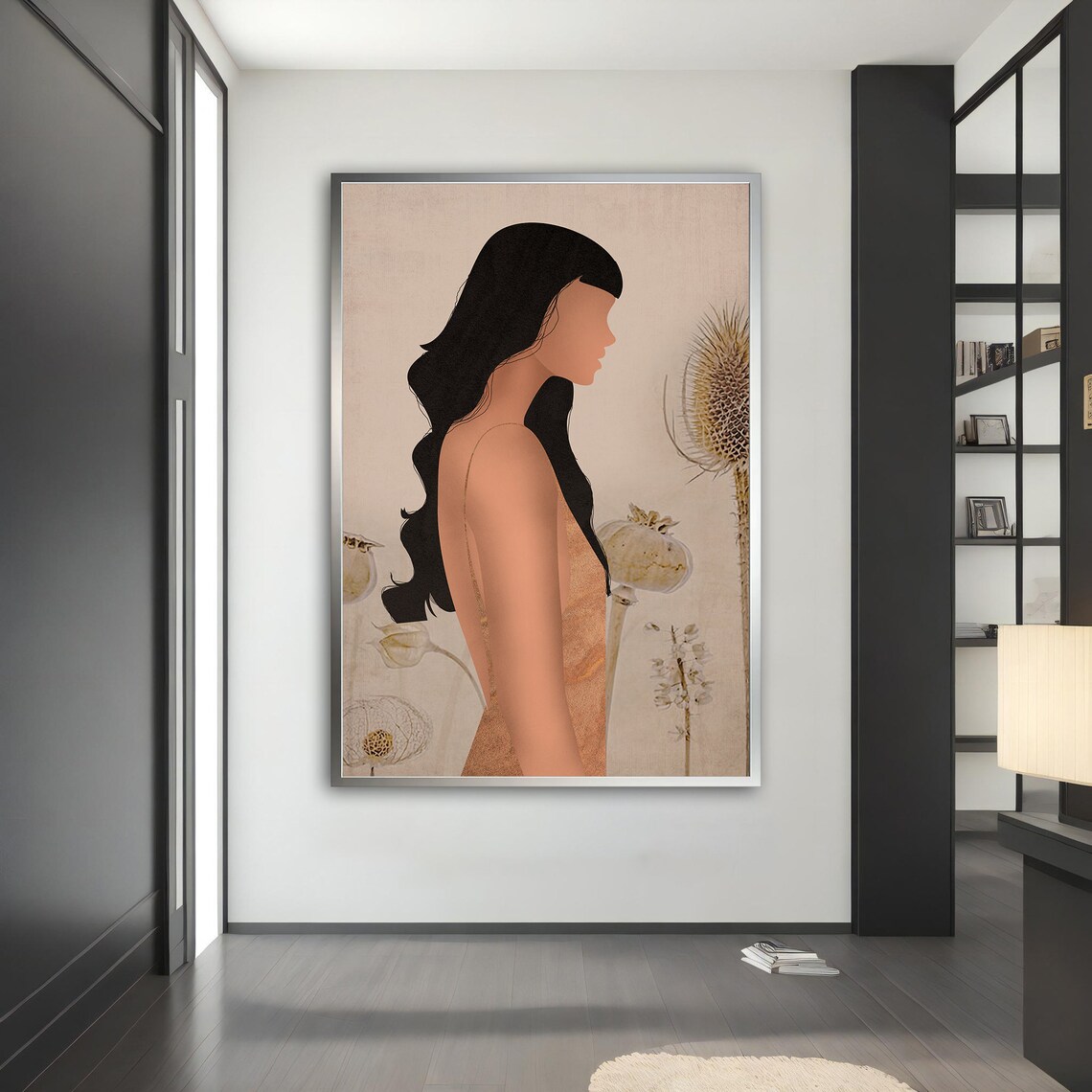 Woman Side Profile Long Black Hair Botanical Peach Dress Wall Art - Image 5