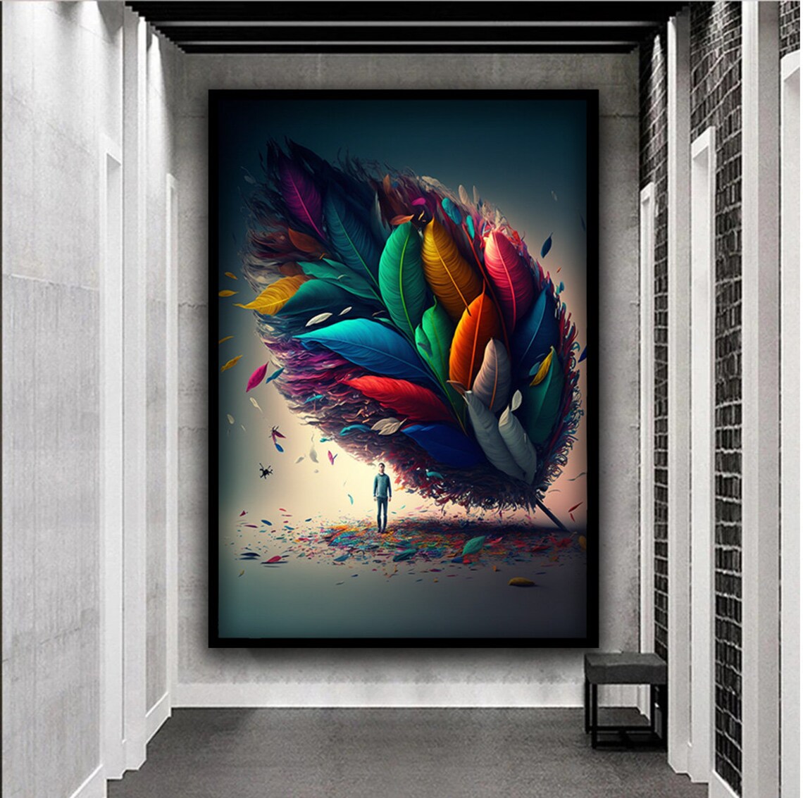 Surreal Giant Feather Bird Dreamlike Colorful Man Beneath Art Poster - Image 4