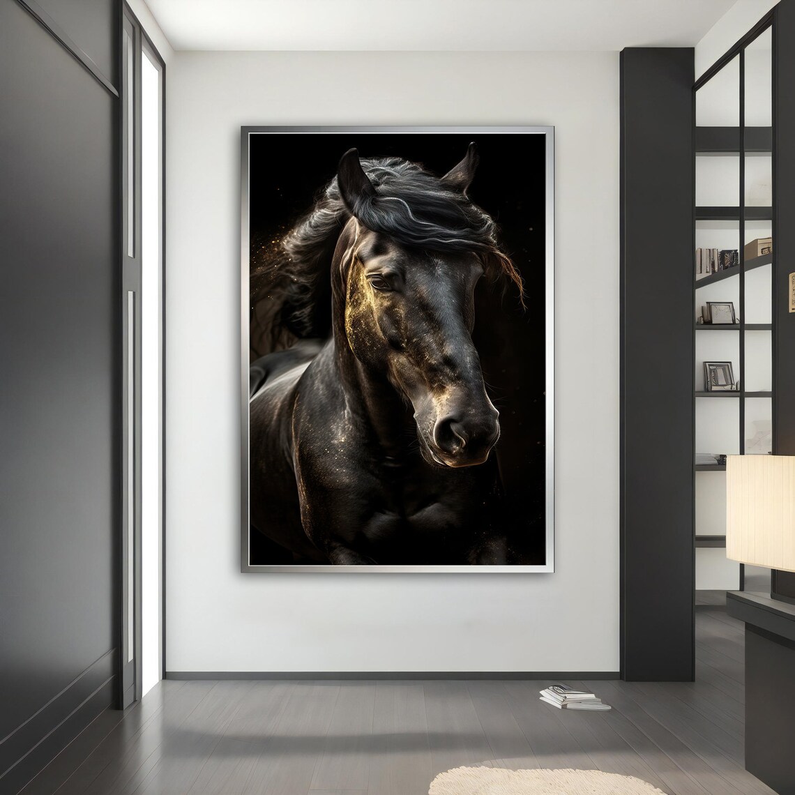 Black Horse Portrait Dark Background Golden Light Animal Poster - Image 5